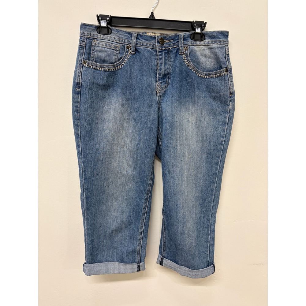 Earl Jean Women Medium Wash Denim Capri Jeans Size 8 Contrast Stitch Flap Pocket